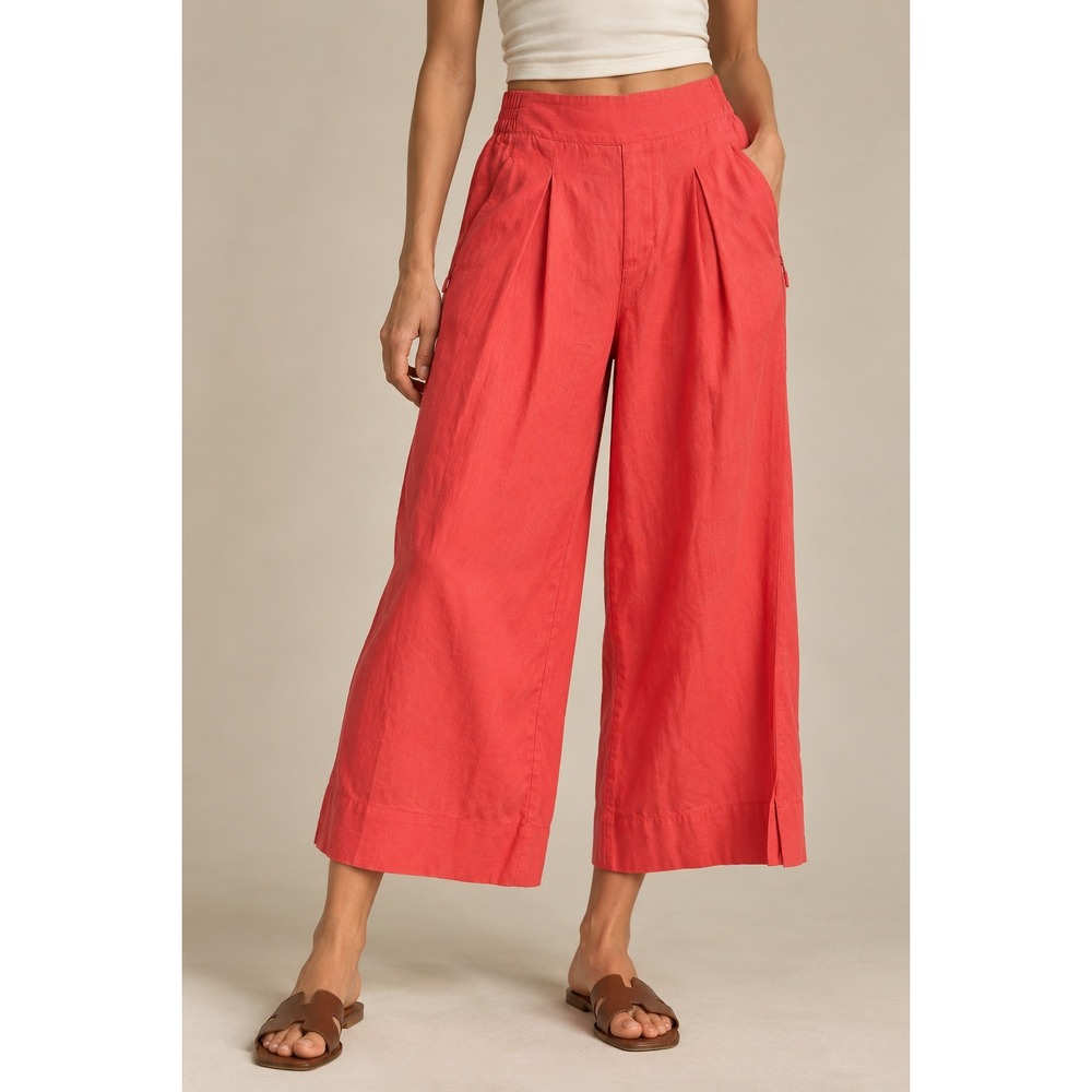 Athleta Playa Linen Wide Crop Pants Coral Pink 100% Linen Size 4 Wide Leg Slit